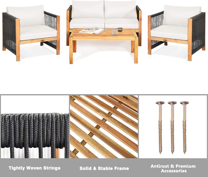 Tangkula Outdoor Wood Furniture Set with 2 Set Cushion Covers, 4 Pieces Cushioned Patio Conversation Set, for Garden Balcony Poolside Outdoor Living (1, WH-RE)