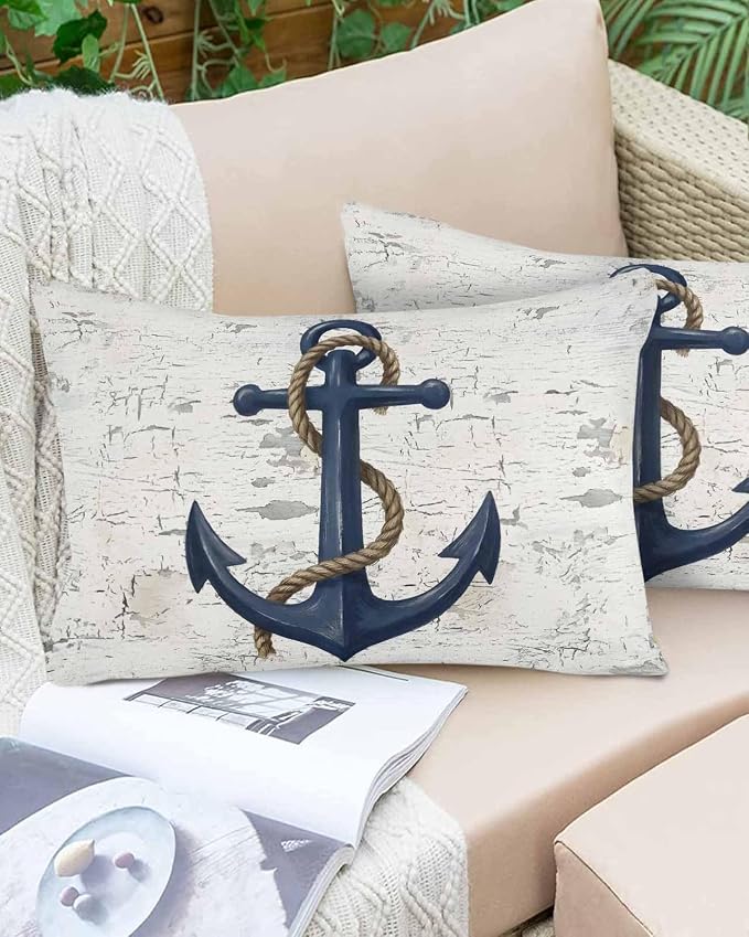 Outdoor Waterproof Throw Pillows 12x20in, Coastal Blue Anchor Patio Pillows Pack of 2,Decorative Pillow Covers with Insert,Pillow Cushion Case for Garden Couch Sofa Summer Nautical Theme Retro Style