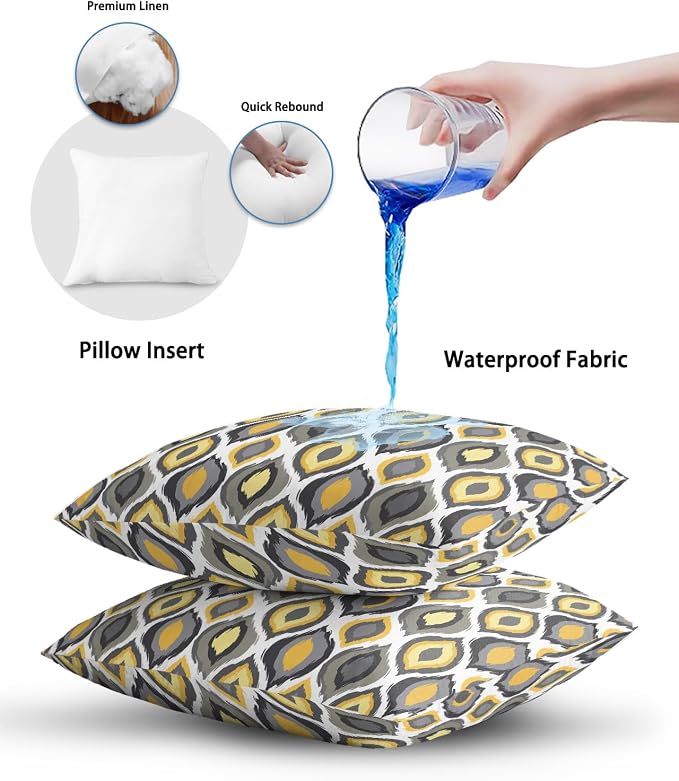 Outdoor Waterproof Throw Pillows 18x18in, Yellow Geometric Abstract Diamon Patio Pillows Pack of 2,Decorative Pillow Covers with Insert,Pillow Cushion Case for Garden Couch Sofa Vintage Nordic Style