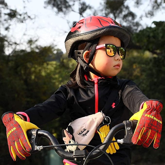 Kids Genuine Leather Work Gloves, Red, XL, 10-12 Years Old | Toddler 1-2Y, Reflective, Breathable Fabric Back, Flexible, Hand Protection, Kids Garden Gloves for Yard Work, Outdoor