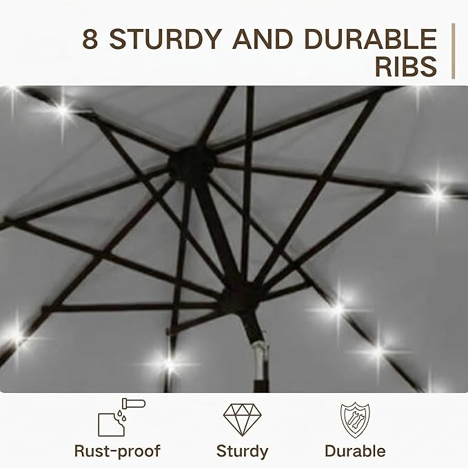 Kingdura 9FT Outdoor Patio Umbrella with Solar Lights, Market Table Umbrella with Push Button Tilt & Crank, 8 Sturdy Ribs, 32 LED Lights, UV Protection for Garden Lawn Deck Backyard Pool (Light grey)