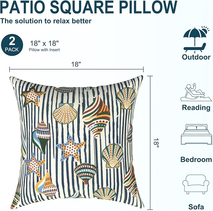 DYTXIII Pack of 2 Waterproof Outdoor Pillow with Inserts, 18x18 Square Patio Decorative Throw Pillow for Home,Sofa,Bench and Patio Furniture,Crayon Shells