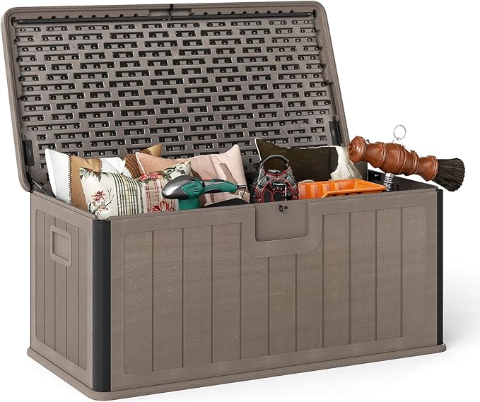 HAPPYGRILL Outdoor Storage Deck Box with Lockable Design & Gas Strut, Handle, 100 Gallon HDPE Patio Storage Organizer for Lawn Backyard Poolside (Brown)