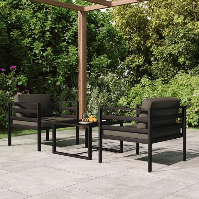 3 Piece Garden Lounge Set, Anthracite Aluminum Outdoor Patio Furniture Set, Modular Conversation Set with 2 Armchairs and 1 Table for Balcony, Terrace and Yard
