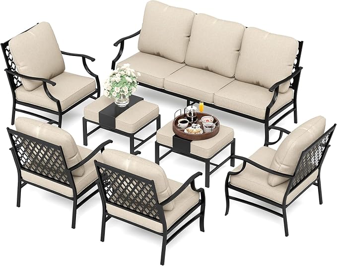 HERA'S HOUSE 7 Piece Patio Furniture Set, 4 x Fixed Metal Cushioned Chair, 2 x Cushioned Ottoman, 1 x 3-Seat Sofa, Outdoor Conversation Set for Lawn Garden Backyard Poolside