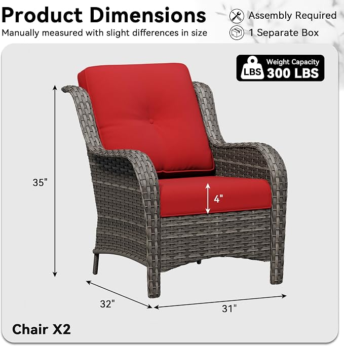 Patio Chairs Set of 2, Outdoor Wicker Patio Furniture Set with Thickened Olefin Cushions, High Back and Deep Seating, Wide Curved Armrest Hand-Woven PE Rattan for Porch, Deck, Red