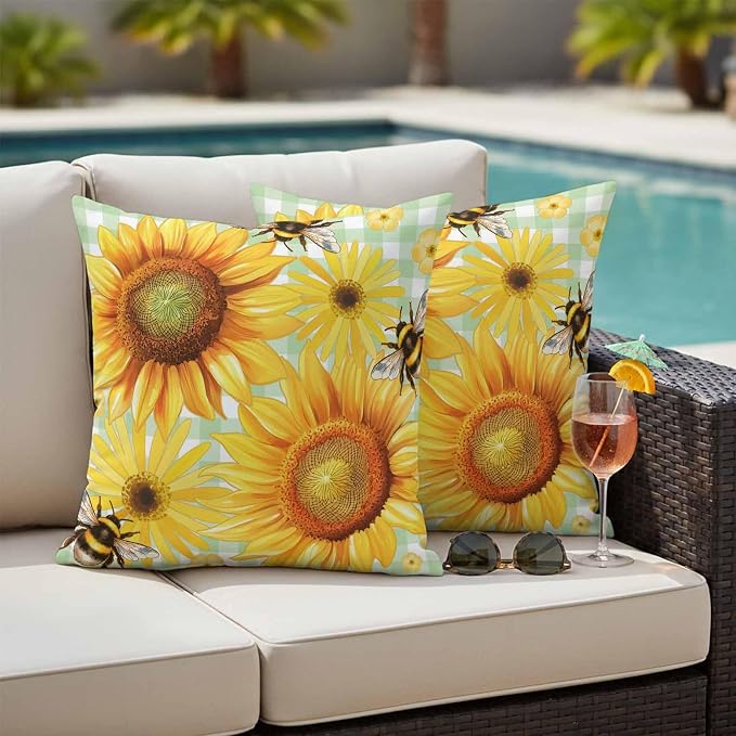Outdoor Throw Pillow Covers,Pastoral Sunflower Bee Waterproof Decorative Pillowcases Cushion Cover Spring Daisy Floral Buffalo Plaid Pillow Cases for Patio Couch Sofa Bed,18x18in Set of 2