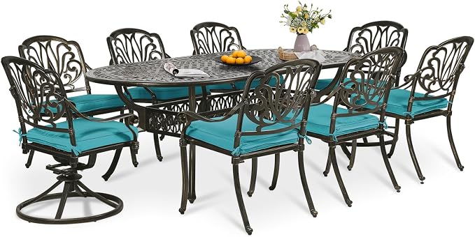 9-Piece Patio Dining Set, Outdoor Patio Table and Chair Set of 84” Oval Cast Aluminum Dining Table with Umbrella Hole, 6 Stationary, 2 Swivel Rocker Chairs, Patio Funiture Set, Blue