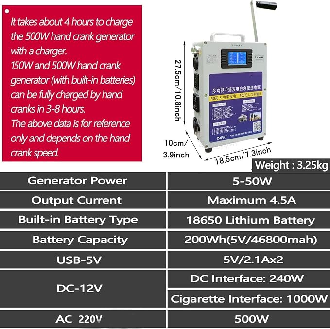 500W Hand Crank Generator - AC220V USB Port Charger Travel Emergency Manual Dynamotor, Portable Power Source for Outdoor Adventures, Camping