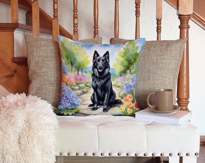 Caroline's Treasures Belgian Sheepdog Spring Path Throw Pillow Machine Washable, Indoor Outdoor Decorative Pillow for Couch, Bed or Patio, 14Hx14W