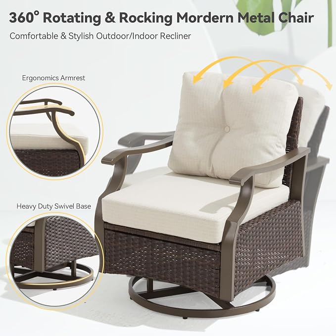 7 Pieces Outdoor Patio Furniture Set, Conversation Sets with Swivel Chair, Coffee/Side Table & Ottoman, Wicker Rattan Outdoor Sectional Sofa Set for Backyard, Deck, Porch, Poolside, Beige