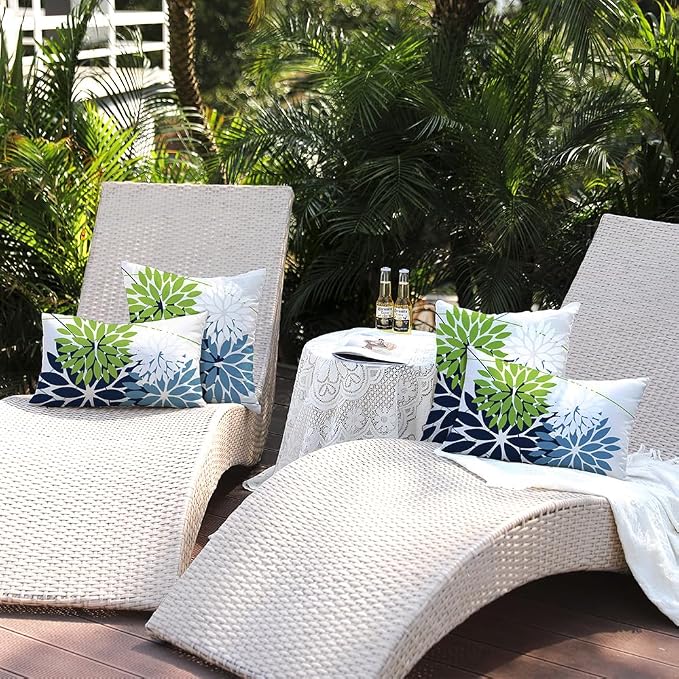 DFXSZ Pack of 2 Outdoor Waterproof Throw Pillow Covers 12x20 Green Blue | Polyester Colorful Spring Summer Floral Decorative Cushion Cases(NO INSERT),For Couch Patio Funiture Garden Home Decor