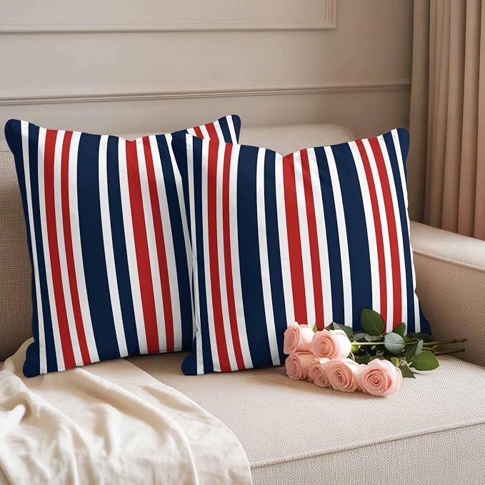Waterproof Pillow Covers Set of 2,Patriotic Red White Blue Striped Outdoor Pillow Protectors with Zipper Pillowcases for Patio Tent Garden Beach 24x24 Inches Minimalist Geometric