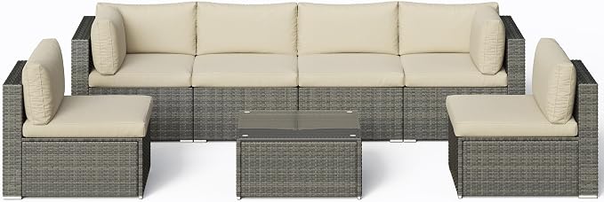 Wisteria Lane 7 Piece Outdoor Patio Furniture Set, All Weather Wicker Rattan Sectional Sofa Conversation Set with Cushions & Glass Coffee Table, Ideal for Garden Backyard Porch Balcony, Beige