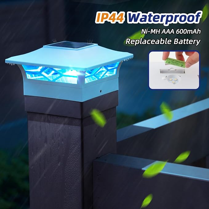 APONUO Solar Post Cap Lights with 8 RGB Colors and Multicolor Flow, Ultra-Bright Clear Lens, IP65 Waterproof for 4x4 5x5 6x6 Wood & Vinyl Fence Posts, 4 Pack White