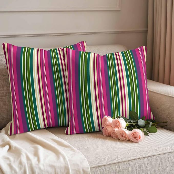 Outdoor Waterproof Throw Pillow Covers Set of 2 Pink Striped Pillowcases 18x18 Inches Geometric Green Stripes Decorative Pillows Cushion Case Patio Pillows for Couch Bed Chair Garden