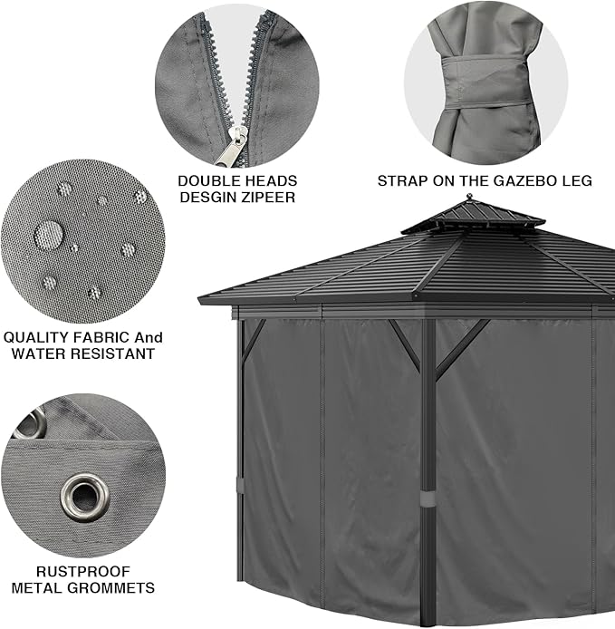12'x12' Privacy Gazebo Curtains Outdoor Waterproof, 4-Panel Sidewall Curtains Universal Replacement with Zipper for Patio, Backyard, Garden (Grey)