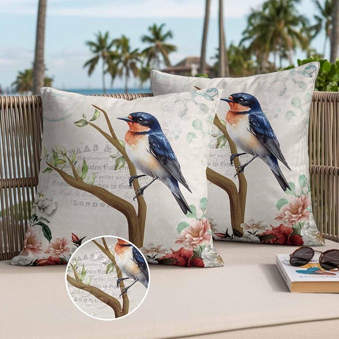 Spring Bird Branch Waterproof Outdoor Pillow Covers Set of 2 Home Decor, Farmhouse Vintage Botanical Floral Pillowcase Patio Pillow Covers for Couch Bench Furniture Garden 20x20in