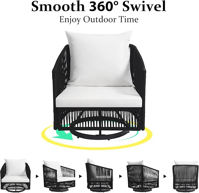 Outdoor Patio Furniture Set, 3 Pieces Outdoor Swivel Chairs with Coffee Table and Thick Cushion, Pe Wicker Rope Furniture Set for Entertaining, Balcony, Garden, Poolside, Black