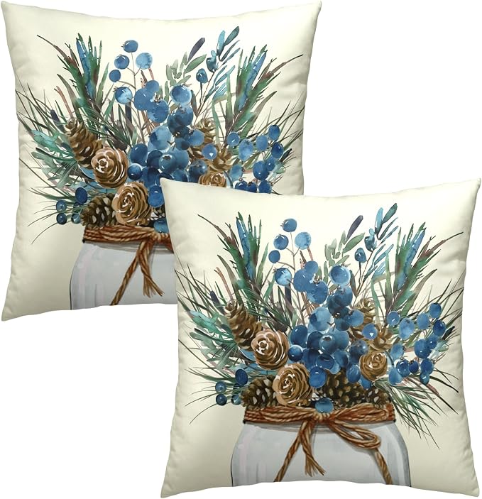 Christmas Pinecone Throw Pillow Covers 16x16 Set of 2, Pine Twigs Stems Picks Winter Decorative Pillow Cases Farmhouse Cotton Cushion Cover for Couch Sofa Bed Home Decor