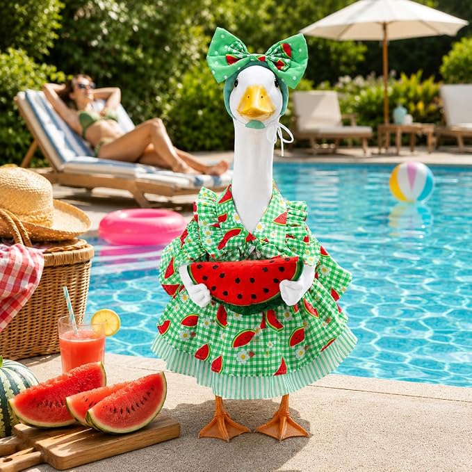 Porch Goose Outfit Set, Dress Bow Headband & Watermelon Slice Prop, Fits 23 Inch Lawn Goose Statue, Cute Novelty Outdoor Garden Yard Decor