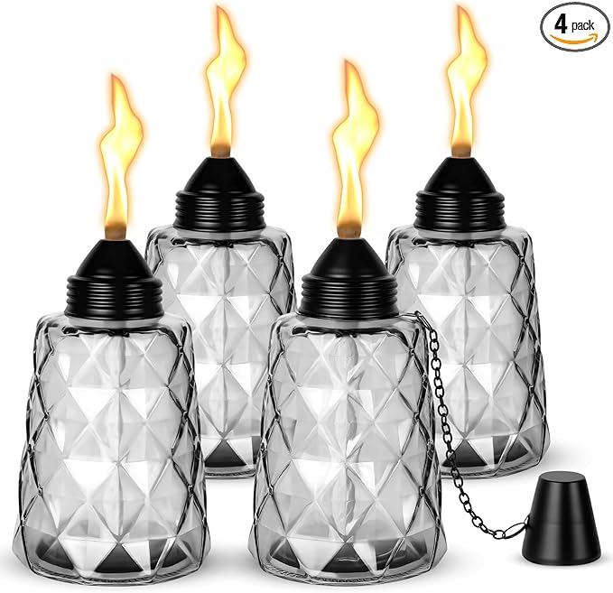 4-Pack Glass Tabletop Torches Outdoor, 12 oz Citronella Torches Canisters with Wick & Cap, for Patio, Backyard, Garden, Parties, Outside Deck (Black)