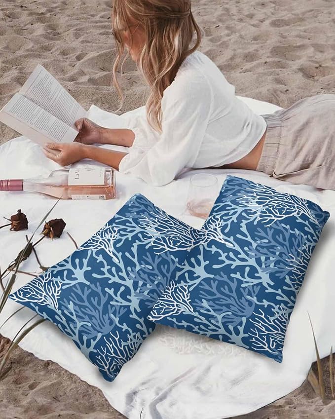 Outdoor Waterproof Throw Pillow Covers Set of 2 Blue Coral Lumbar Pillowcases 20x12 Inches Nautical Coastal Marine Life Patio Decorative Pillows Cushion Case Patio Pillows for Couch Bed Chair Garden