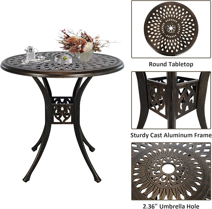 3 Piece Patio Set Metal Bistro Table and Chairs Set of 2 with Umbrella Hole,Cast Aluminum Bistro Table Set Outdoor All Weather Patio Furniture Set for Garden,Backyard,Bronze