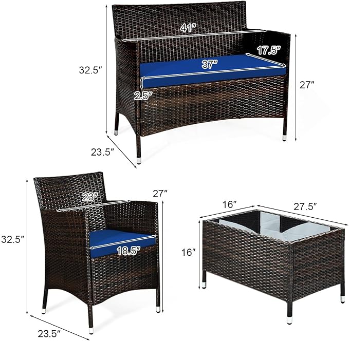 COSTWAY 8PCS Rattan Patio Furniture Set | Outdoor Wicker Rattan Chairs with Coffee Table, Rattan Cushioned Conversation Set for Backyard Balcony Porch Poolside, Navy