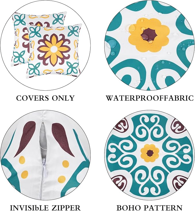 Pyonic Turquoise Outdoor Pillow Covers 18x18 inch Set of 4 | Morocco Vintage Floral Boho Pillow Covers Water Resist Outdoor Pillows for Patio Furniture Garden Yard