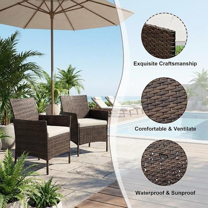 3PCS Outdoor Patio Bistro Set, PE Rattan Wicker Armchairs with Water-Resistant Cushions & Tempered Glass Coffee Table, All-Weather Conversation Set for Garden, Backyard, Porch, Poolside, Brown/Beige