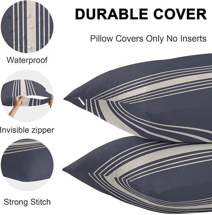 Vandarllin Outdoor Throw Pillows Covers 20x20 inch Set of 2 Waterproof Blue Vertical Stripes Decorative Zippered Cushion Covers for Patio Furniture, Classic Striped Linen Lumbar Pillowcases