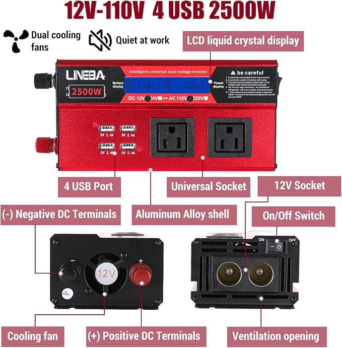 2500 Watt Power Inverter with LED Display,Dual AC Outlets,4 USB Port, 12V DC to 110V AC Converter Car Power Inverter for Car, RV, Truck, Off Grid Solar System, Camping