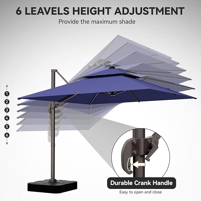GENTEACO 10X10 FT Cantilever Umbrella with Base Included, Large Offset Patio Umbrella with Double Top, 6 Angle Tilts & 360° Rotation, Large Square Sun Umbrellas for Outdoor Pool Market, Navy Blue