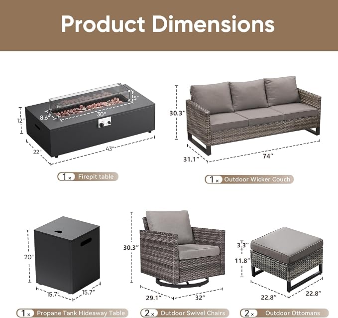 HUMMUH Patio Furniture Set with Fire Pit Table,7 Piece Wicker Outdoor Conversation Sets -Outdoor Swivel Rocker Chairs Patio Sofa for Porch,Garden,Backyard