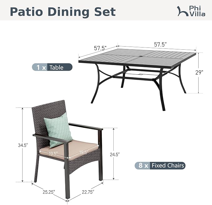 PHI VILLA 9 Pieces Square Outdoor Dining Table Set for 8, 57” Large Metal Steel Dining Table & Rattan Wicker Chairs with Cushions, Dining Furniture Set for Patio, Deck, Yard, Porch