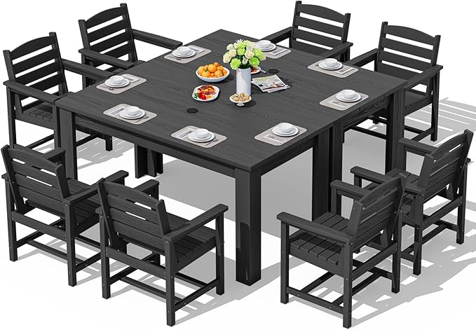 SERWALL Patio Dining Sets for 8, Outdoor Dining Sets for 8 Person with 2 Umbrella Hole Cut-Out Rectangular Tables and 8 Chairs, HDPE Dining Sets Outdoor, Black