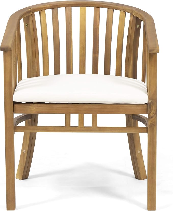 Christopher Knight Home Outdoor Acacia Wood Dining Set 6 Chairs 1 Table Cream Cushions Teak Finish Patio Backyard Garden Furniture 70 Inch Table Outdoor Dining Set