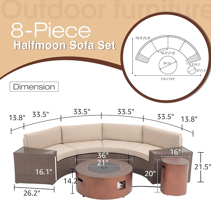 SUNSITT 8 Piece Patio Furniture Set with Propane Fire Pit Halfmoon Outdoor Round Sectional Sofa with 36" Bronze Gas Fire Table & Tank Holder, Brown Rattan