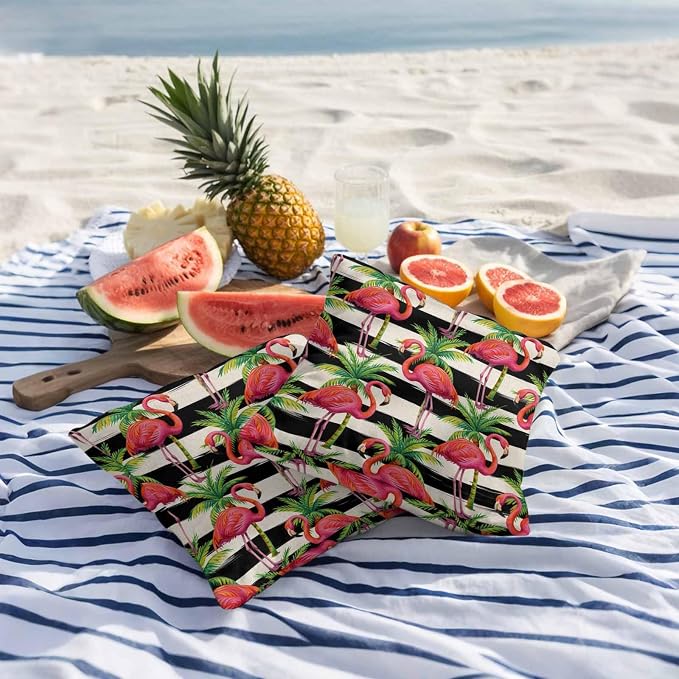 Pink Flamingo Outdoor Pillow Covers 26x26 Inch Throw Pillow Covers Set of 2 Waterproof Decorative Pillow Cases Palm Leaf Black Striped Tropical Plant Cushion Covers for Patio Furniture Garden Couch