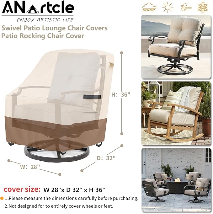 ANartcle Outdoor Swivel Rocker Chair Cover 2 Pack,Patio Swivel Chair Covers for Outdoor Furniture(28W x 33D x 38.5H Inch),Rocking Chair Covers Waterproof,Beige&Brown.