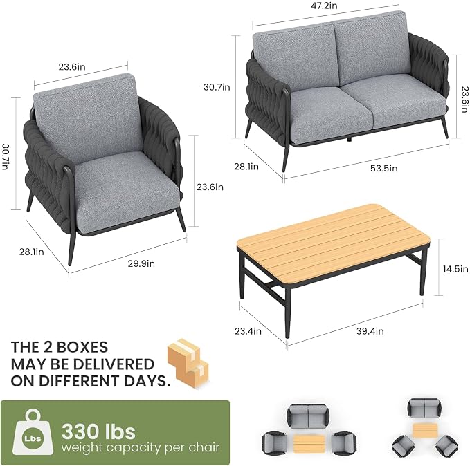 Jocoevol Outdoor Patio Sofa Set 5-Piece, Outdoor 4-Seat Couch Set with Coffee Table, Waterproof Thick Cushion Patio Conversation Set, All Weather Outdoor Furniture for Deck, Lawn, Balcony