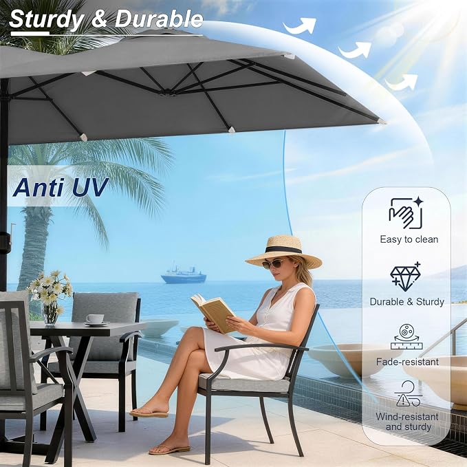 8 Pieces Patio Dining Set,Metal Outdoor Furniture Set Includes 13.6FT Grey Umbrella,Hole Cut-Out 78.7" x 35.4" Table and 6 Metal Backrest Chairs for Backyard,Garden,Grey