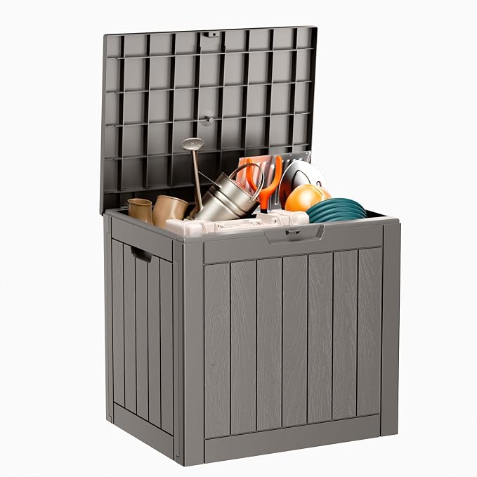 Deck Box Large Outdoor Storage for Patio Furniture,Outdoor Cushions,Garden Tools and Pool Supplies,Waterproof,Resin,Lockable (Grey, 30 Gallon)