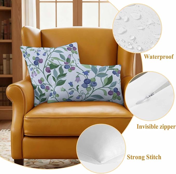 Blueberry Leaves Outdoor Pillow Covers 18"x18" Set of 2, Watercolor Blue Purple Fruit Floral Leaf Blue Waterproof Throw Pillow Covers for Patio Furniture, Decorative Cushion Covers for Porch