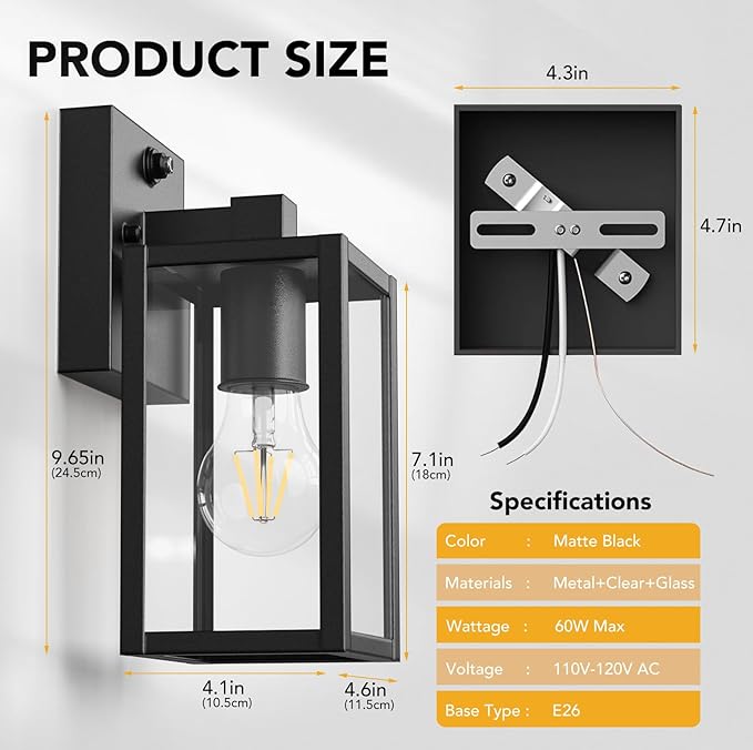 Dusk to Dawn Outdoor Light Fixtures, 2-Pack Sensor Porch Lights, Waterproof Exterior Wall Sconce Lighting Lamp, Waterproof Wall Lantern for House, Doorway, Garage (Black)