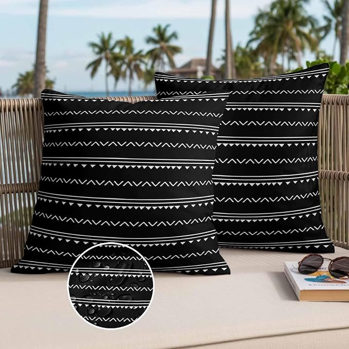 Black Boho Outdoor Waterproof Throw Pillow Covers Set of 2, 20"x20", Geometric Stripes Triangle Decorative Pillow Covers Outside Cushion Case for Patio Porch Garden