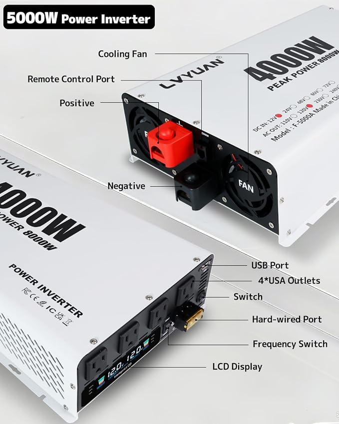 LVYUAN 4000 Watt Power Inverter 12V to 110V 120V DC to AC Converter with 4 AC Outlets, LCD Display, USB Charge Port, Remote Control for Home RV Vehicle Outdoor Camping Car Power Inverter