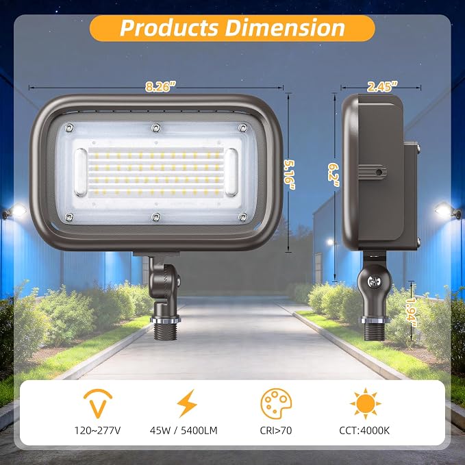 45W LED Outdoor Security Flood Lights,AC 120-277 Input | 100lm/W Efficacy,Super Bright LED Chips,7V×7H Beam Spread,180°Adjustable Knuckle Mount,IP65 Waterproof,4000K Color Temperatur