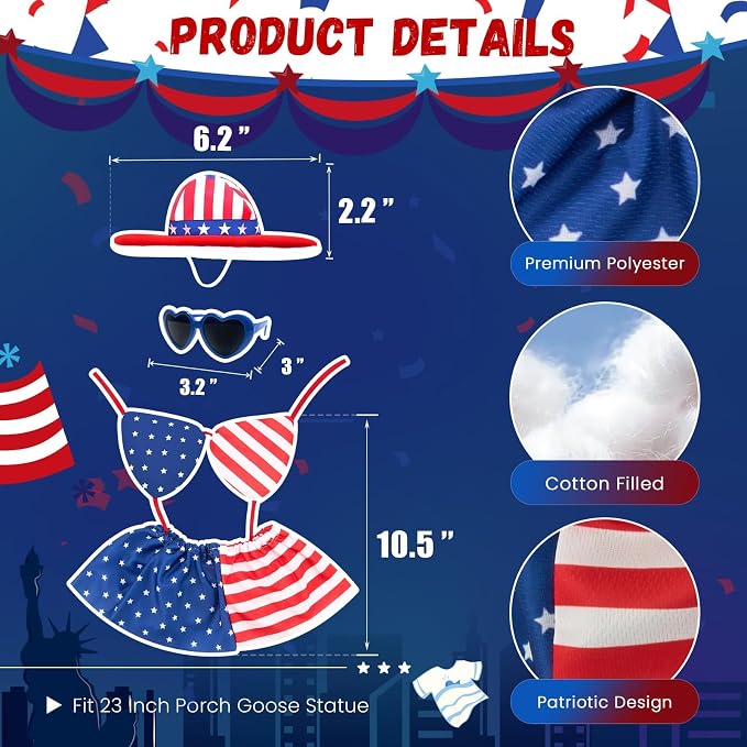 Patriotic Porch Goose Outfits for 23 Inch Statue | 4th of July Hawaiian Bikini Costume for Cement Statue, Summer Sculpture Clothes for Patio USA 250th Anniversary Decoration